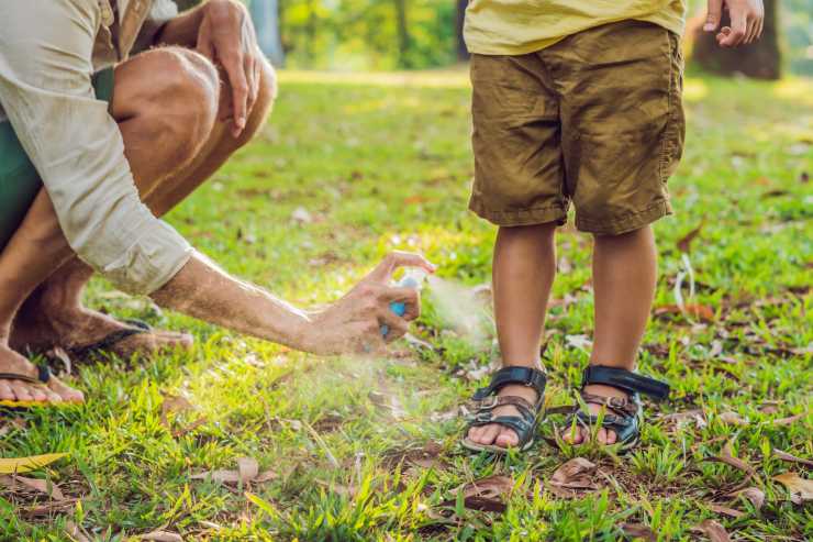 Donna che spruzza lo spray antizanzare sulle gambe di un bambino