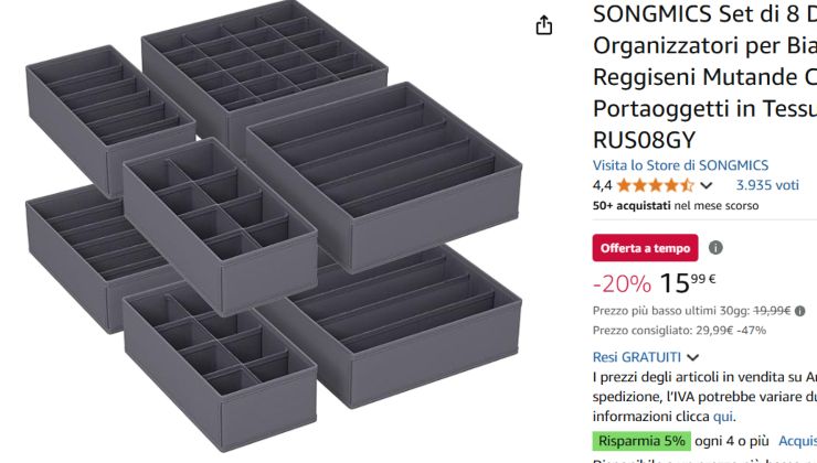 Set di organizzatori per armadi e cassetti su Amazon