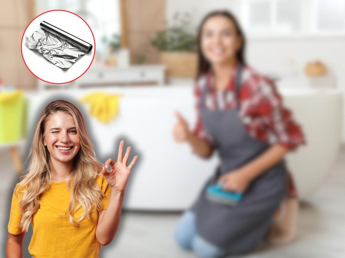 donna che fa ok, donna in bagno e carta alluminio