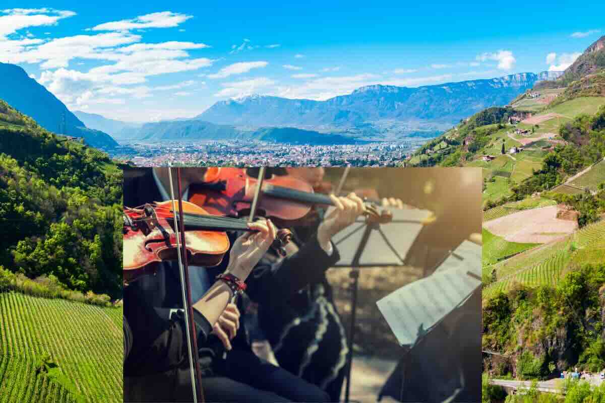 Orchestra violinisti, sfondo montagna