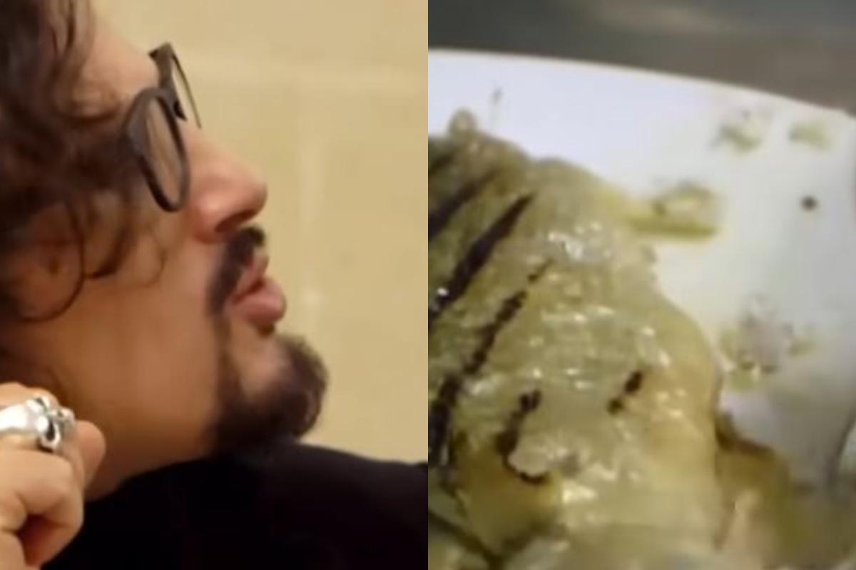 Alessandro Borghese e un pesce spinato in cucina in una puntata di 4 Ristoranti