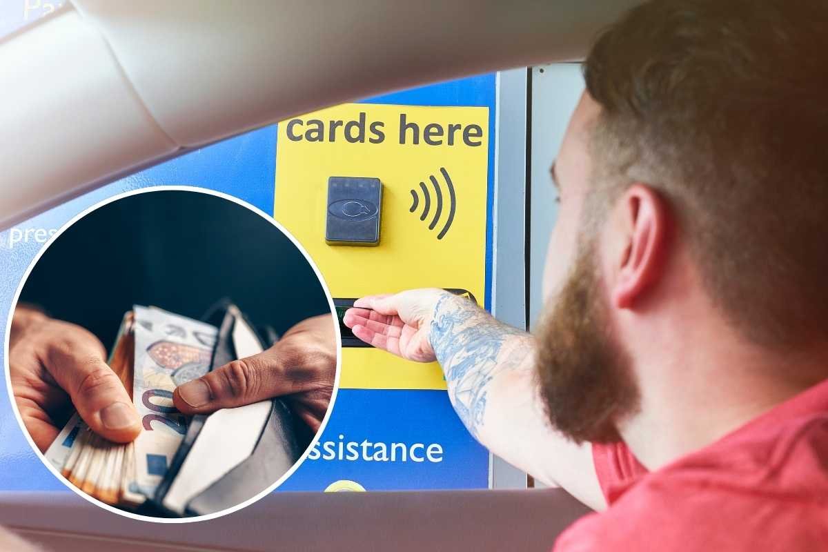 Uomo in auto, casello, euro