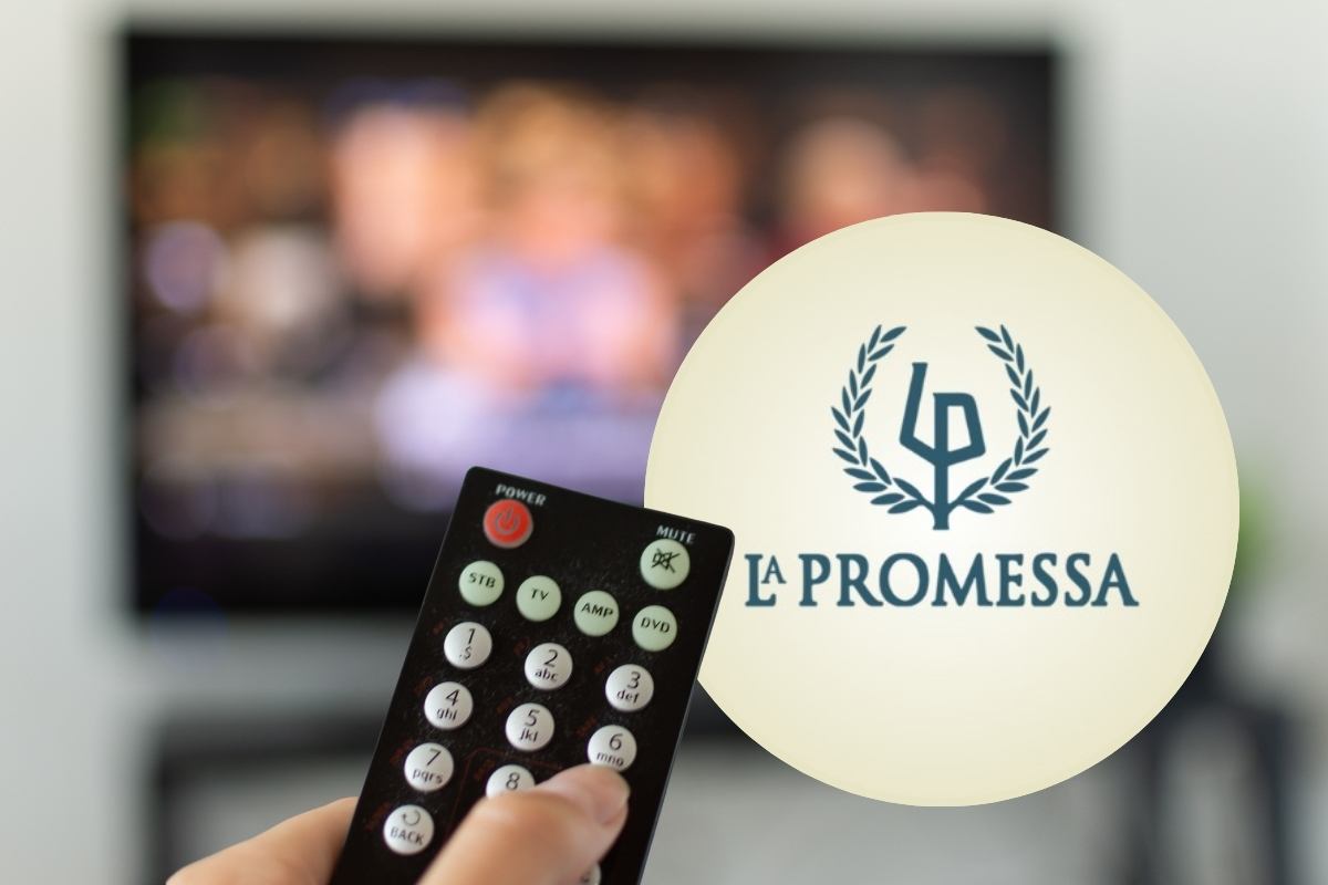 telecomando puntato alla tv e logo la promessa