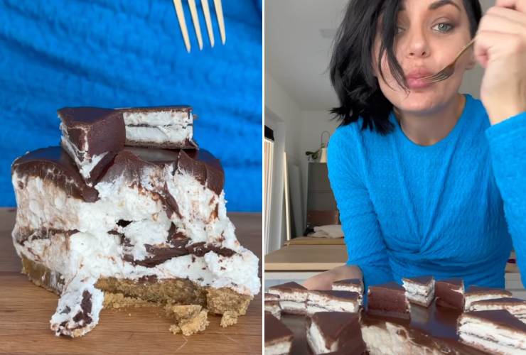collage rossella maraio e pezzo di cheesecake
