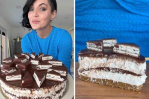 collage rossella maraio e pezzo di cheesecake