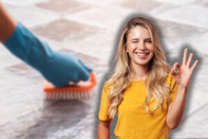 donna che pulisce pavimento e un'altra sorpresa