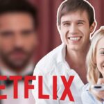 collage, coppia con telecomando e scritta Netflix