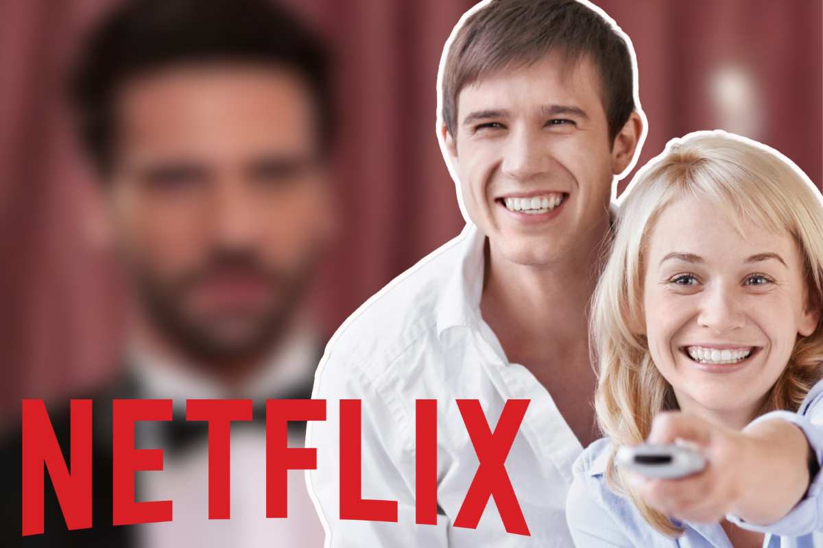 collage, coppia con telecomando e scritta Netflix