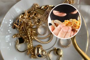 Dell'oro in un piatto e, in evidenza, un ladro con il passamontagna