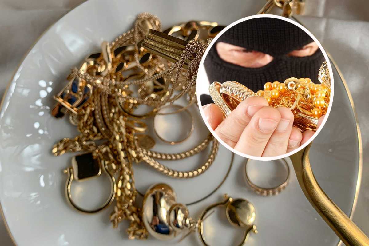 Dell'oro in un piatto e, in evidenza, un ladro con il passamontagna