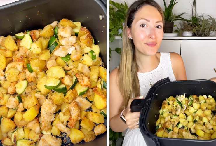 collage di pollo e patate e Valentina Cutaia con la friggitrice ad aria