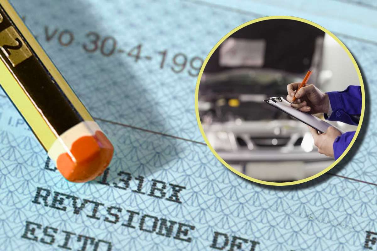 Il bollino della revisione auto e una matita e, in evidenza, un controllo svolto in officina