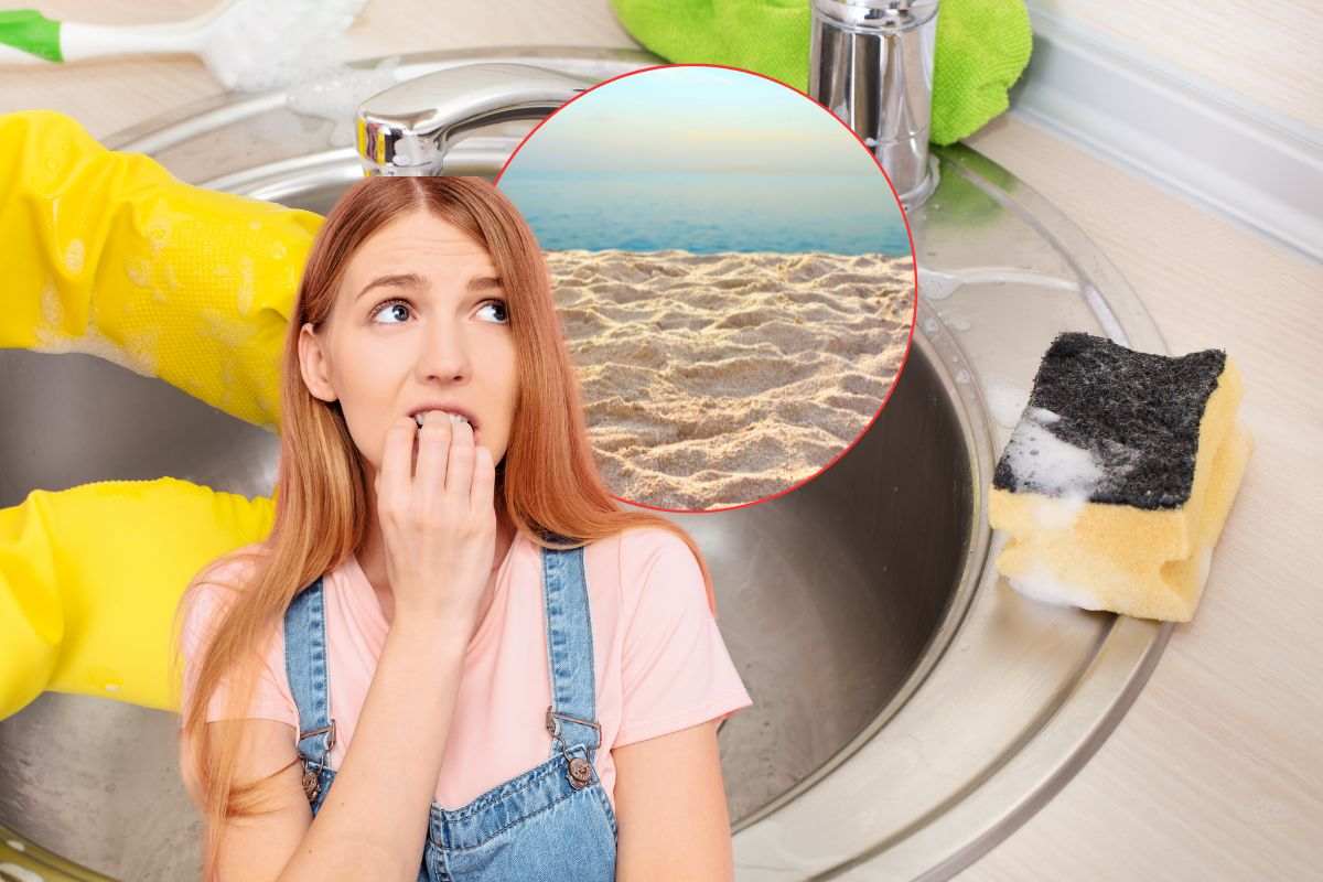 donna preoccupata per la sabbia che finisce negli scarichi