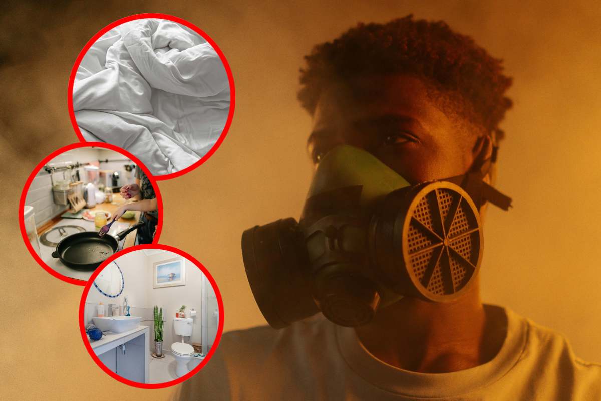 Un ragazzo con una maschera a gas e in evidenza un bagno, una cucina e una coperta