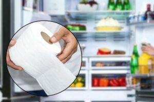Rotolo di carta igienica e nello sfondo un frigorifero aperto