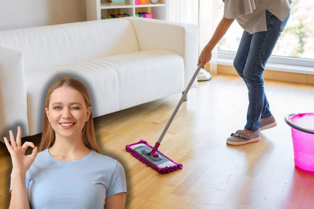 donna che lava pavimento e un'altra sorridente che fa ok con le mani