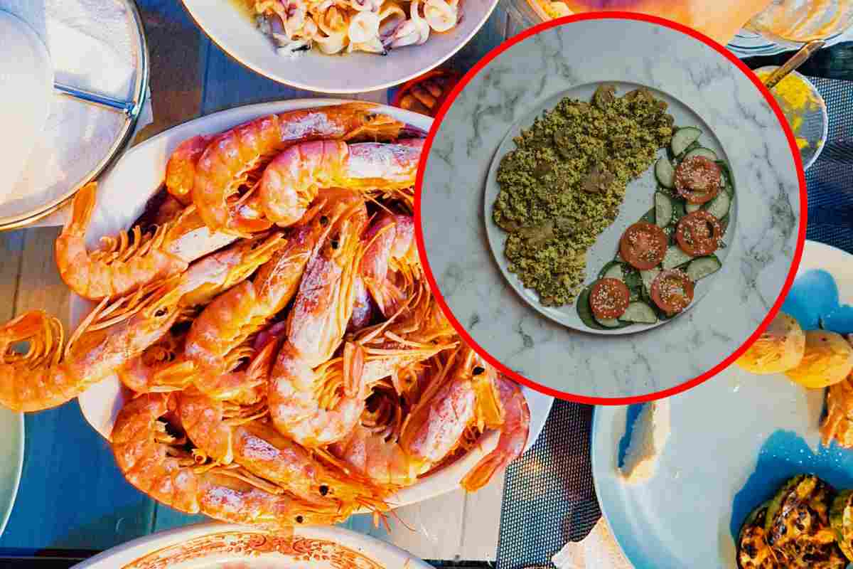 Un piatto di gamberi e, in evidenza, un couscous con zucchine