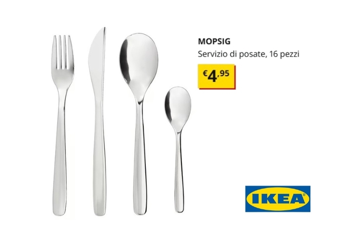 Set posate con didascalia e prezzo, logo IKEA