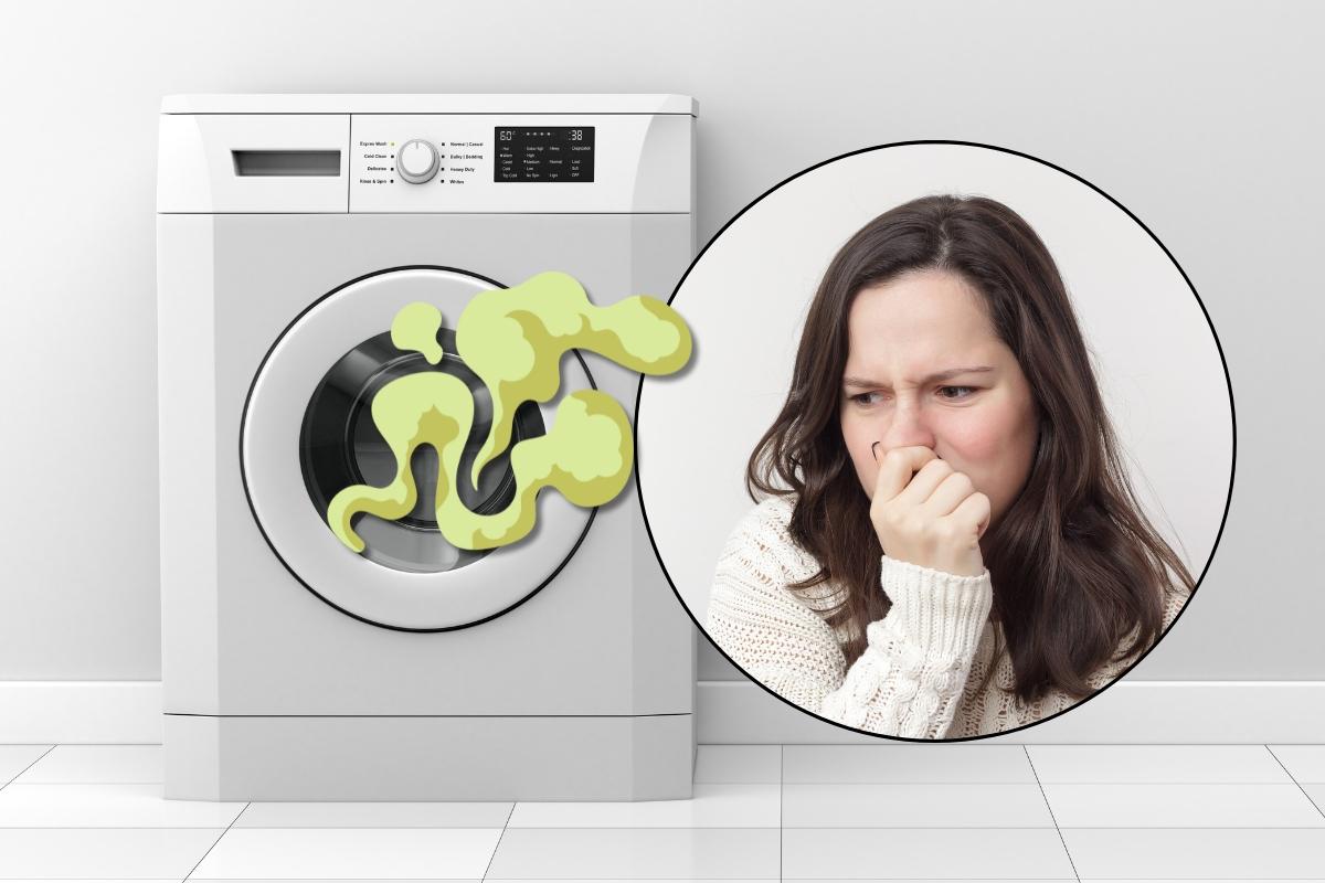 donna che si tappa il naso per la puzza dalla lavatrice