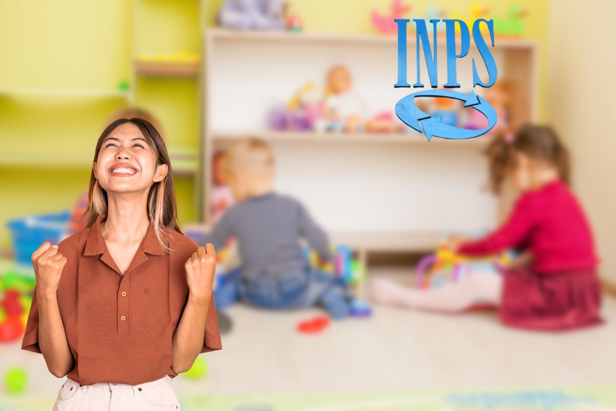 bambini che giocano al nido, donna che esulta e logo inps