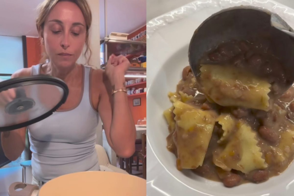 Collage di Benedetta Parodi e un piatto di pasta e fagioli