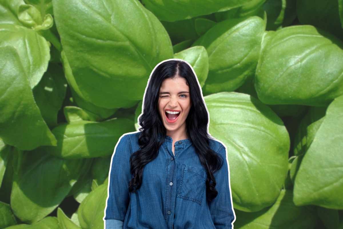 ragazza che fa l'occhiolino e basilico