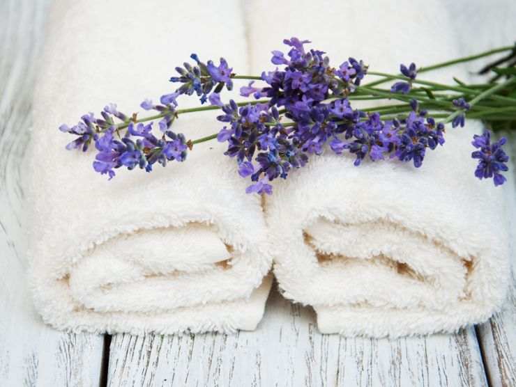 fiorellini di lavanda su asciugamani bianchi
