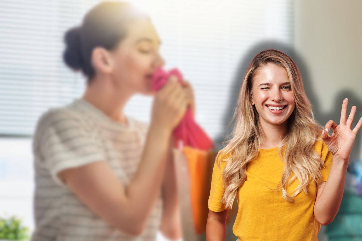 donna odora vestiti e un'altra sorridente che fa ok con la mano