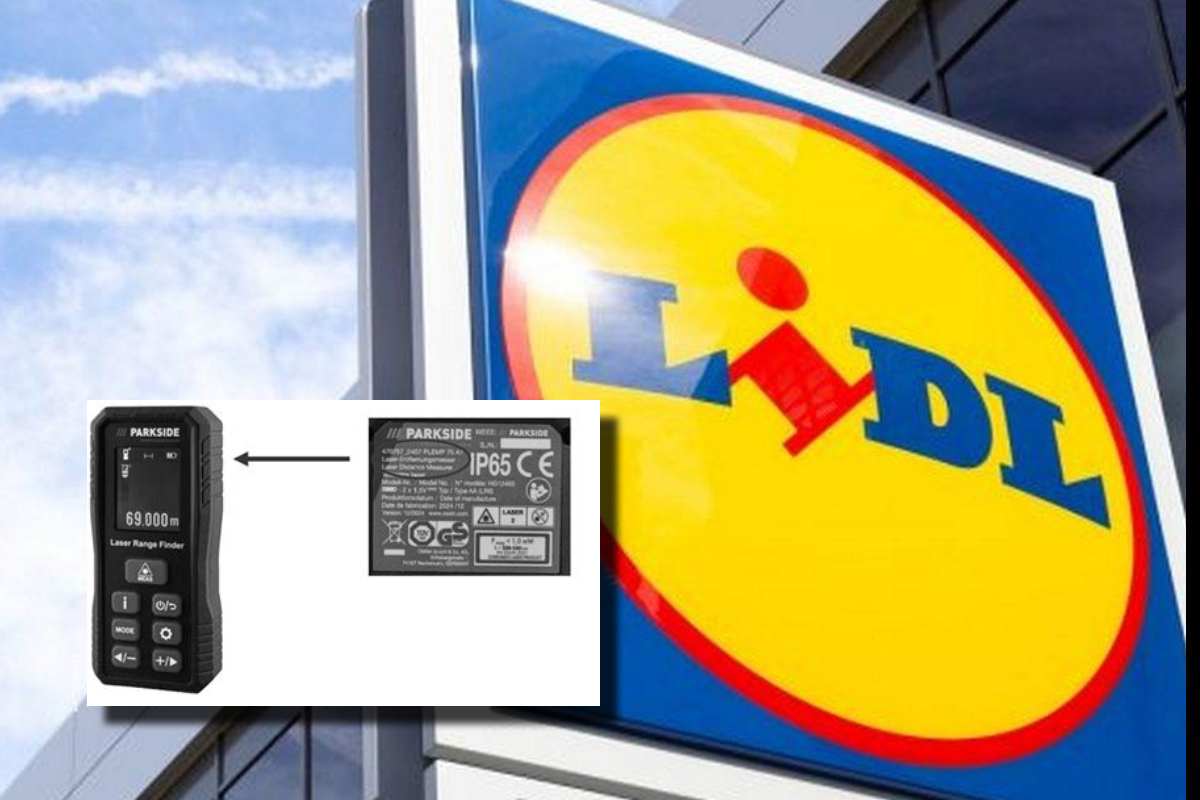 Il logo di LIDL su un cartello e, in evidenza, il misuratore Parklife ritirato